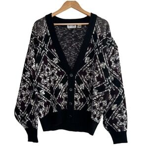 Vintage 90s Cardigan‎ Sweater Geometric Knit V-Neck goth/grunge style